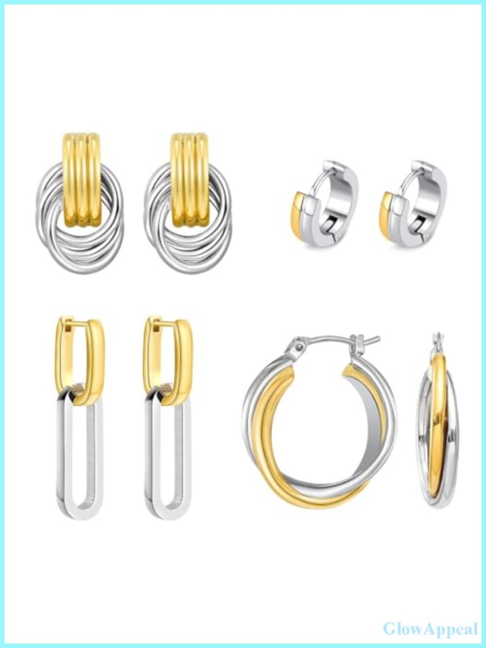 4 Pairs Two Tone Drop & Dangle Earrings Set, 14k Gold Plated, Hypoallergenic,